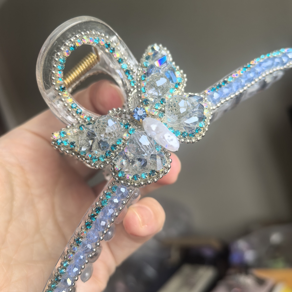 Crystal Butterfly Hair Claw Clip - Clear with Aqua Accents